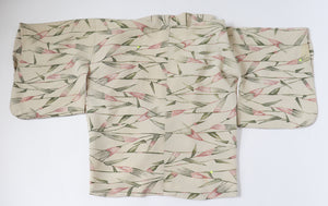 Japanese Handmade Silk Kimono - Cream  / Leaf Print - Fit S / M - UK 10 / 12