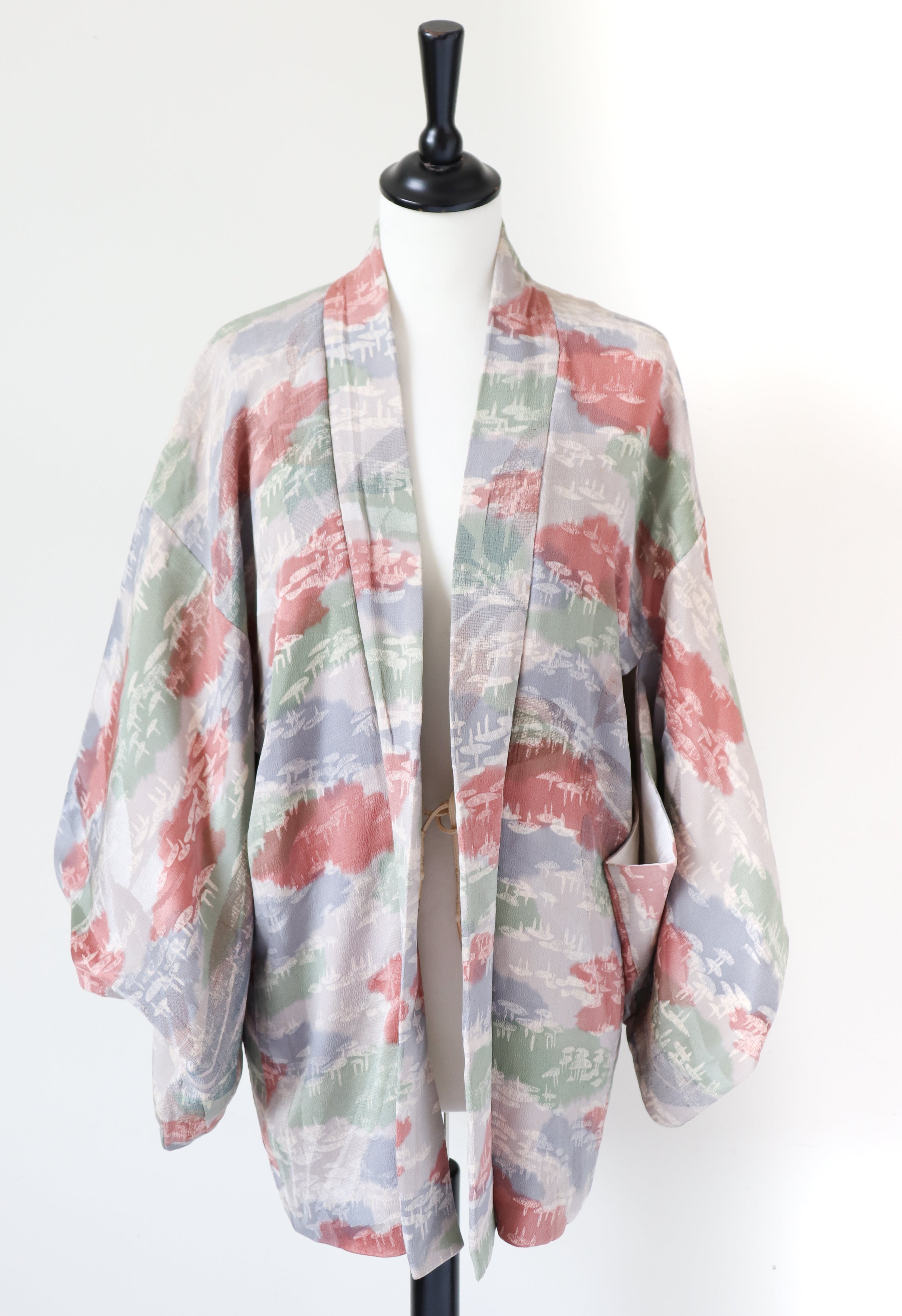 Japanese Silk Kimono Jacket - Patterned - Pink / Grey - Fit  M - UK 12