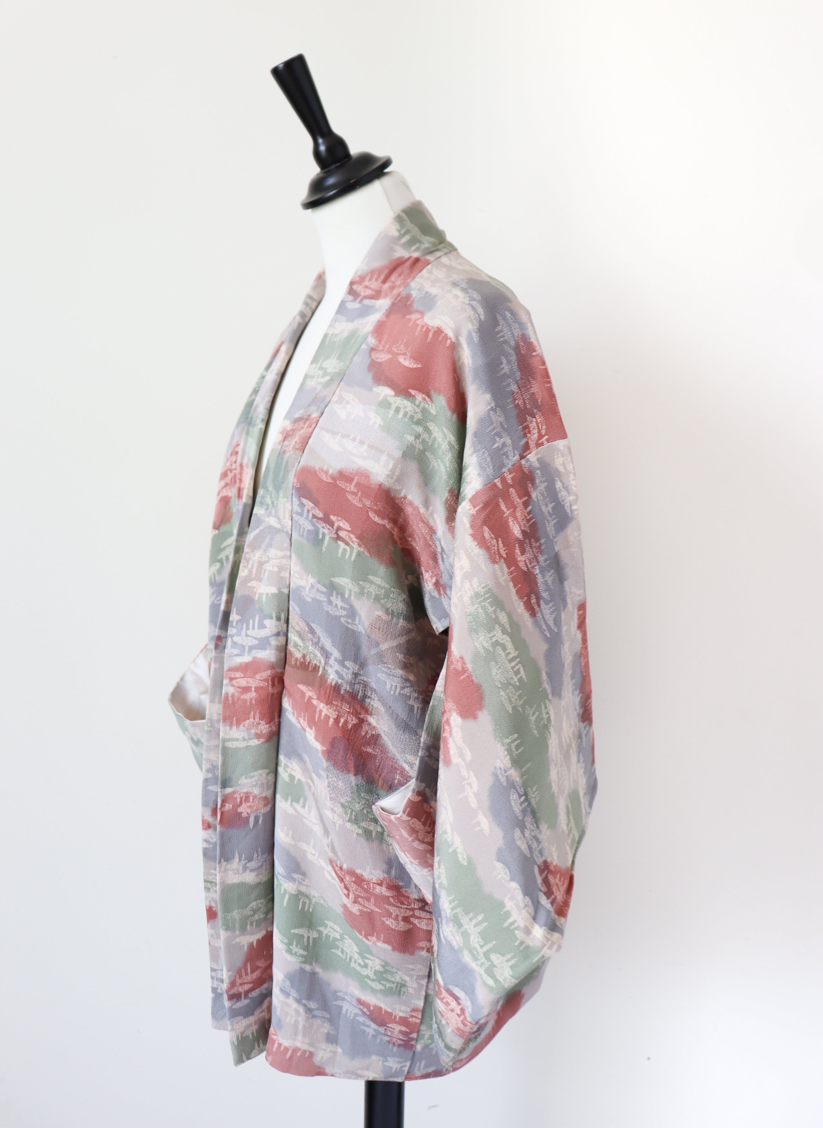 Japanese Silk Kimono Jacket - Patterned - Pink / Grey - Fit  M - UK 12