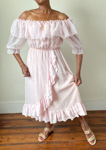 Vintage 1970s Ruffle Dress - Papillon Pink Polyester Chiffon - Fit M / UK 12