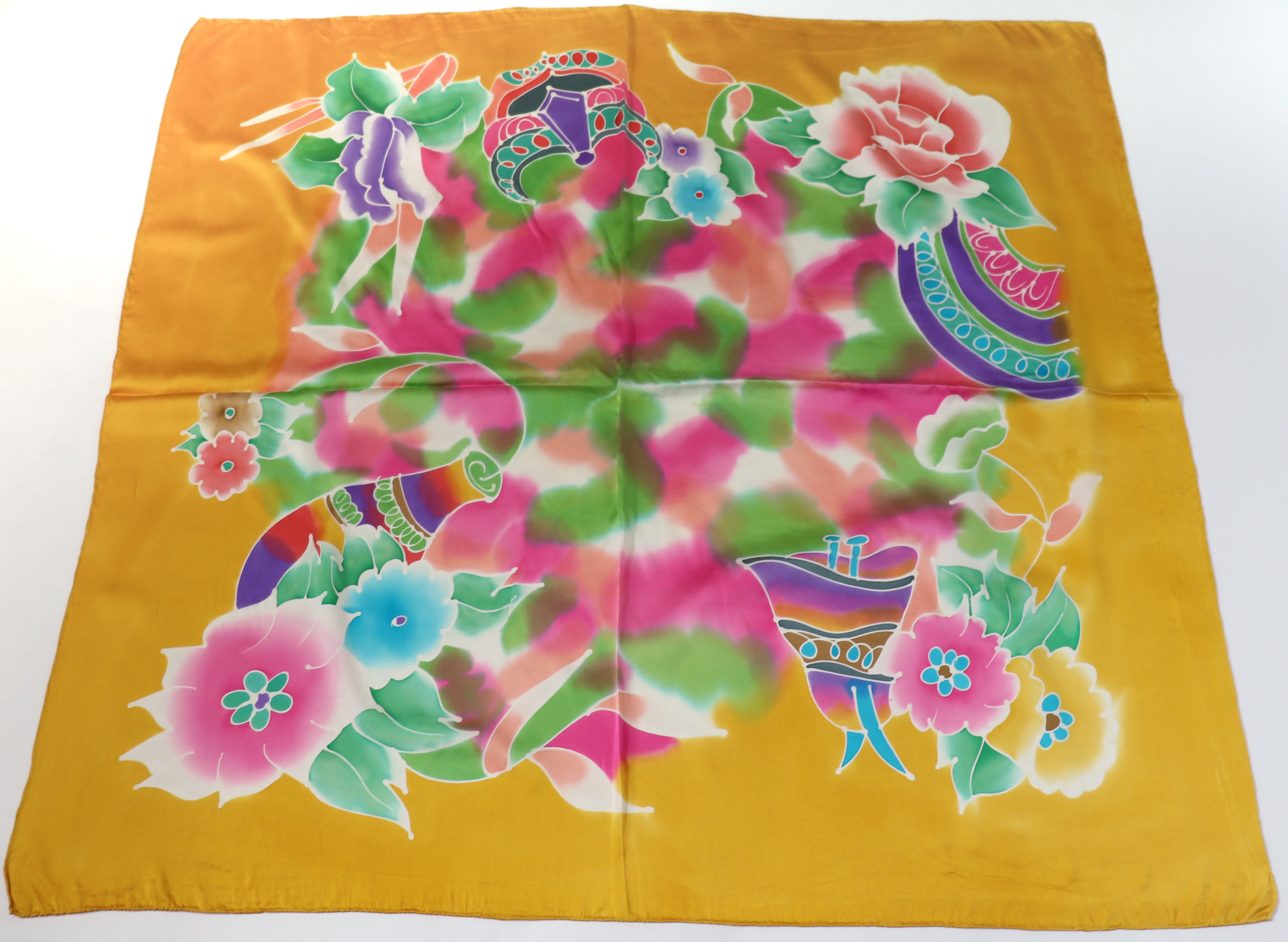 Golden Yellow 100% Silk Evening Shawl - Multicolour Floral Print - X LARGE