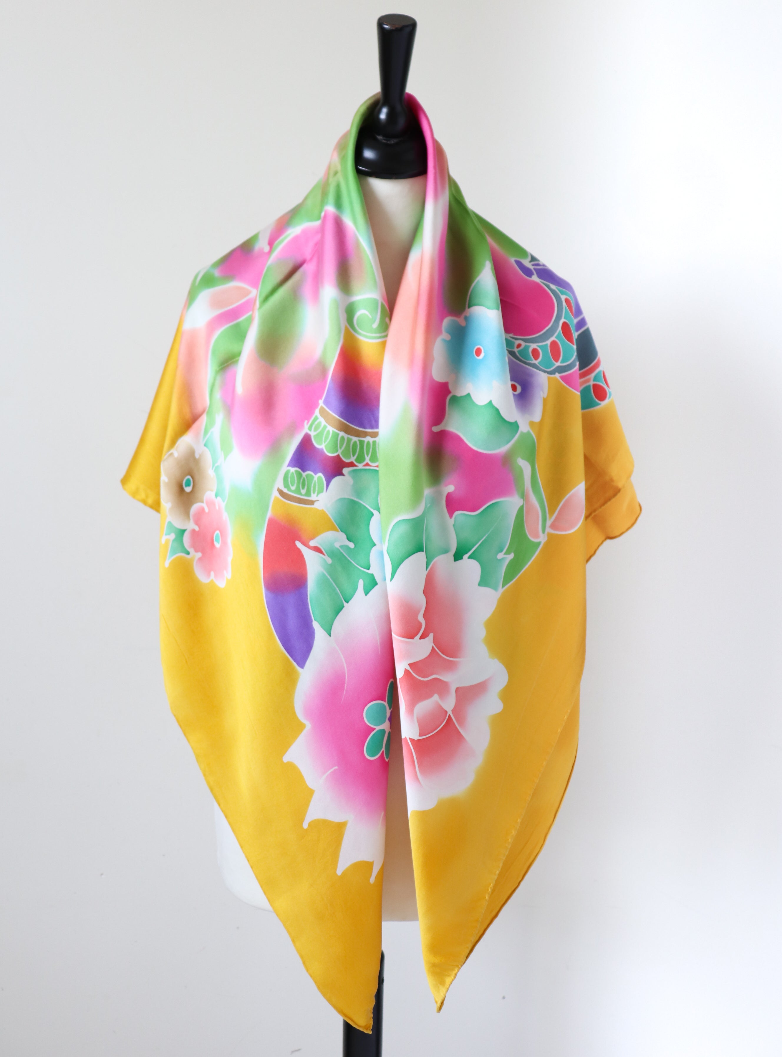 Golden Yellow 100% Silk Evening Shawl - Multicolour Floral Print - X LARGE