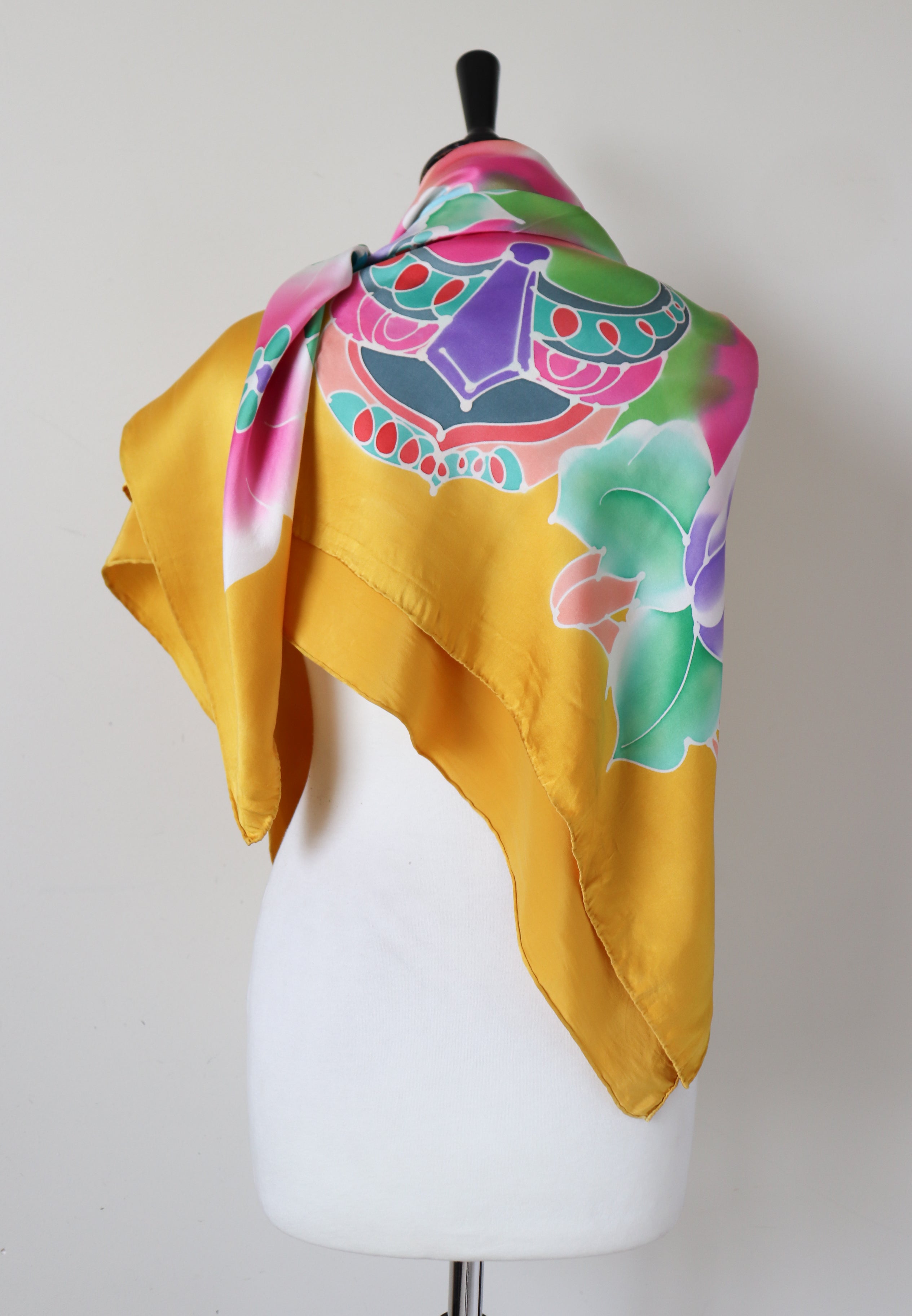 Golden Yellow 100% Silk Evening Shawl - Multicolour Floral Print - X LARGE