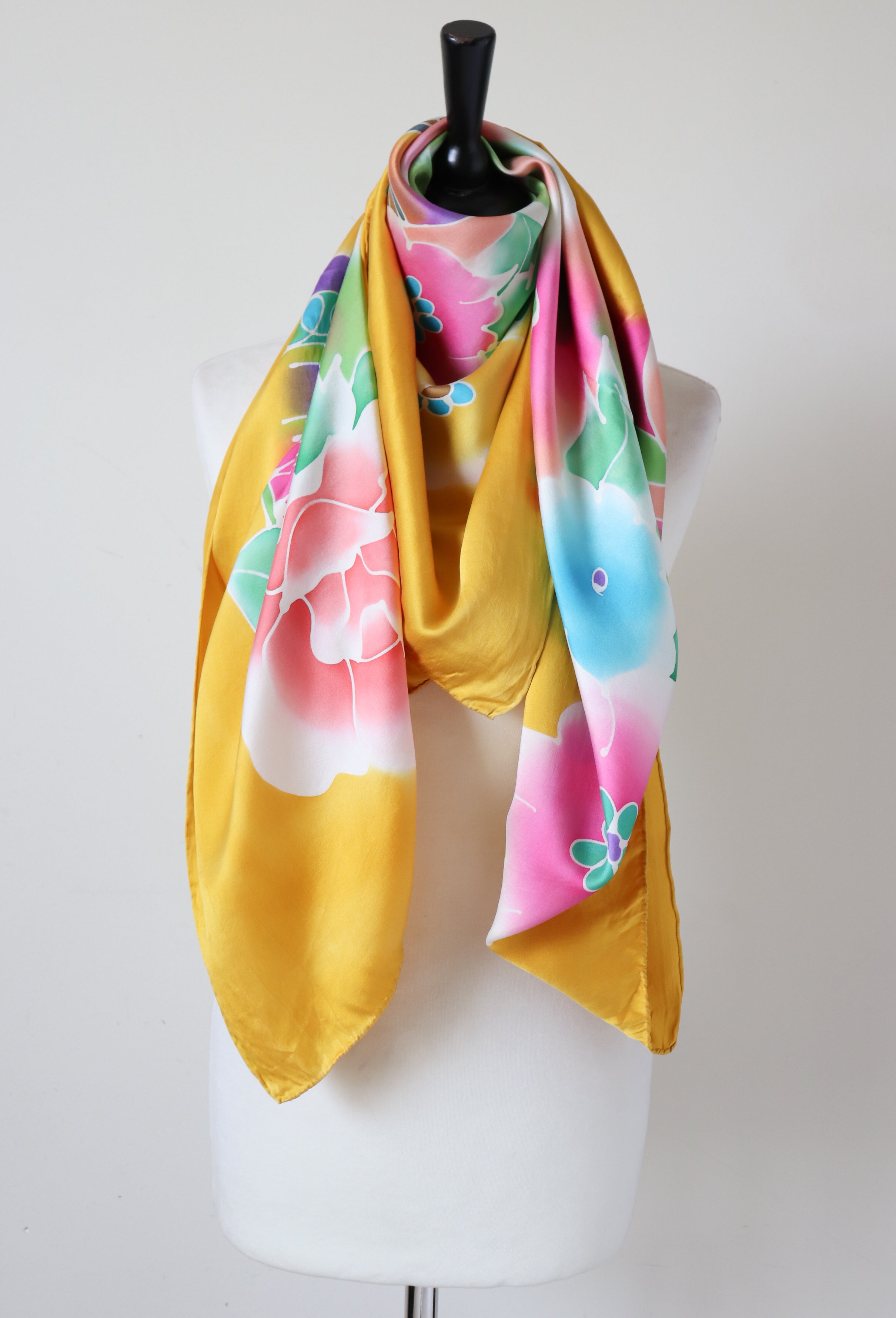 Golden Yellow 100% Silk Evening Shawl - Multicolour Floral Print - X LARGE