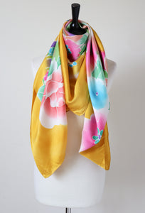 Golden Yellow 100% Silk Evening Shawl - Multicolour Floral Print - X LARGE