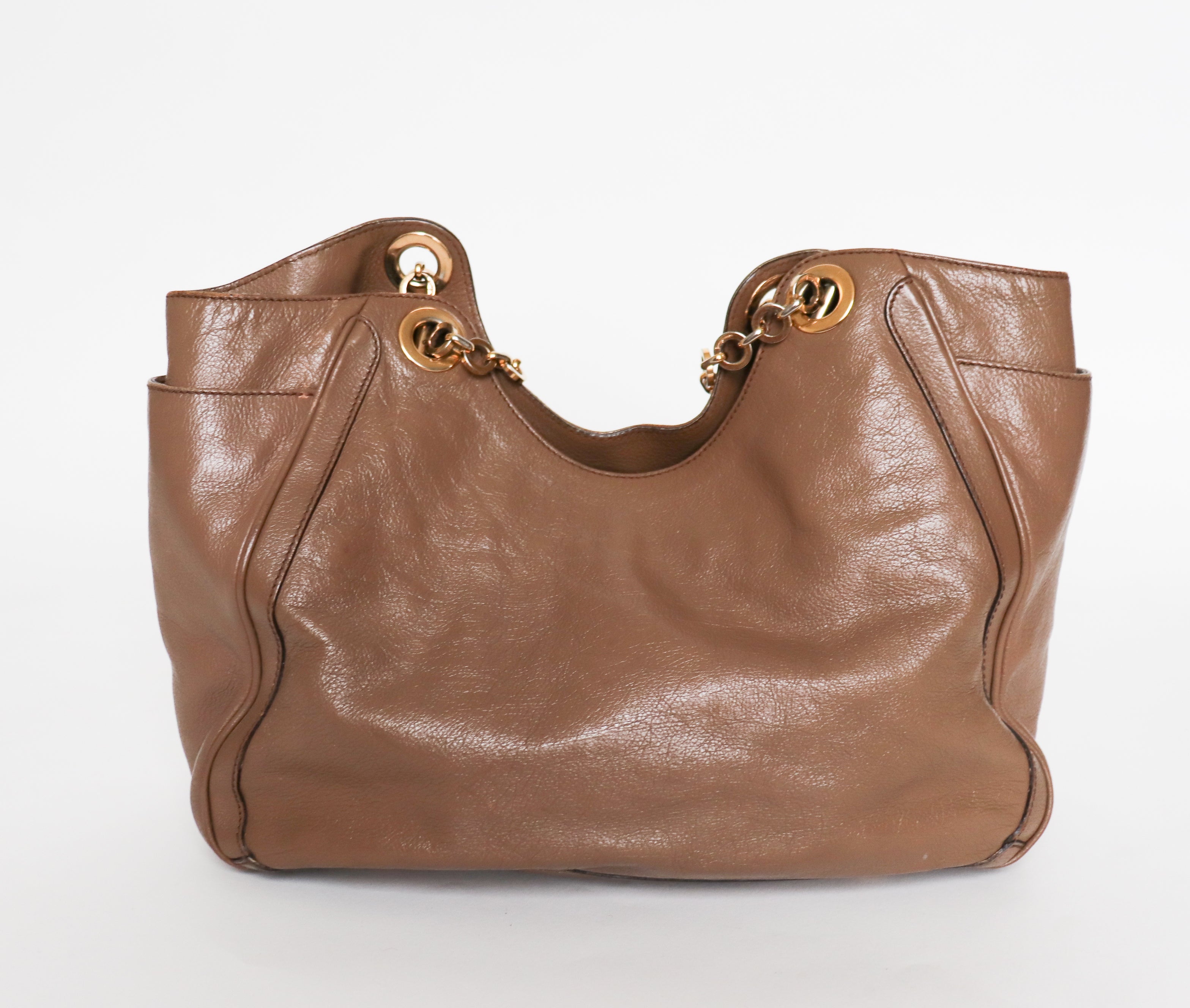AUTHENTIC Salvatore Ferragamo Chain Tote Bag - Brown Leather -  Large