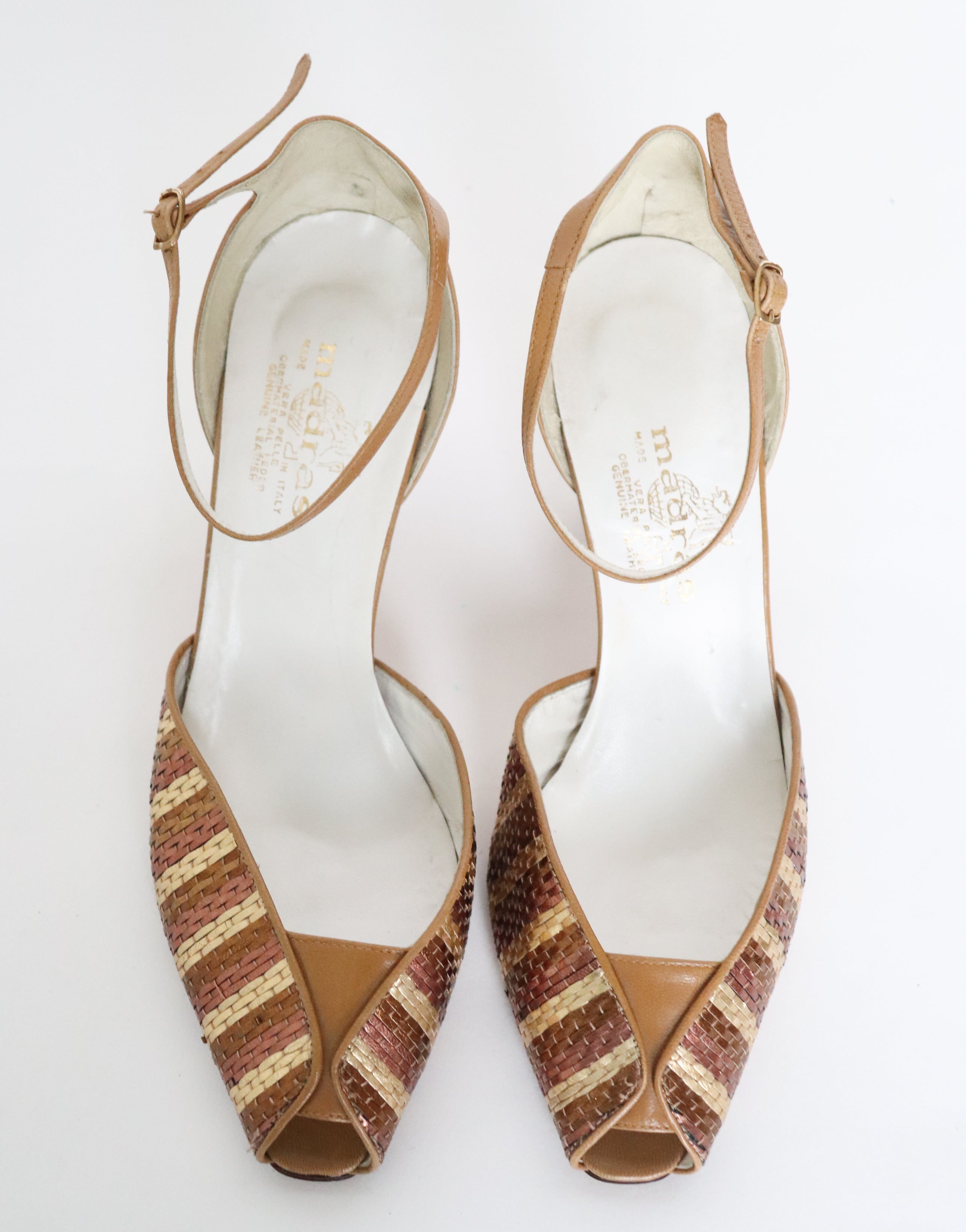 Madras Strappy Gold  Sandals - Vintage 1980s Disco - Fit 40 / UK 7