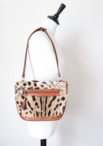 Vintage Leopard Print Shoulder  Bag - Tan Leather / Animal Hair  1980s - Small