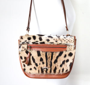 Vintage Leopard Print Shoulder  Bag - Tan Leather / Animal Hair  1980s - Small