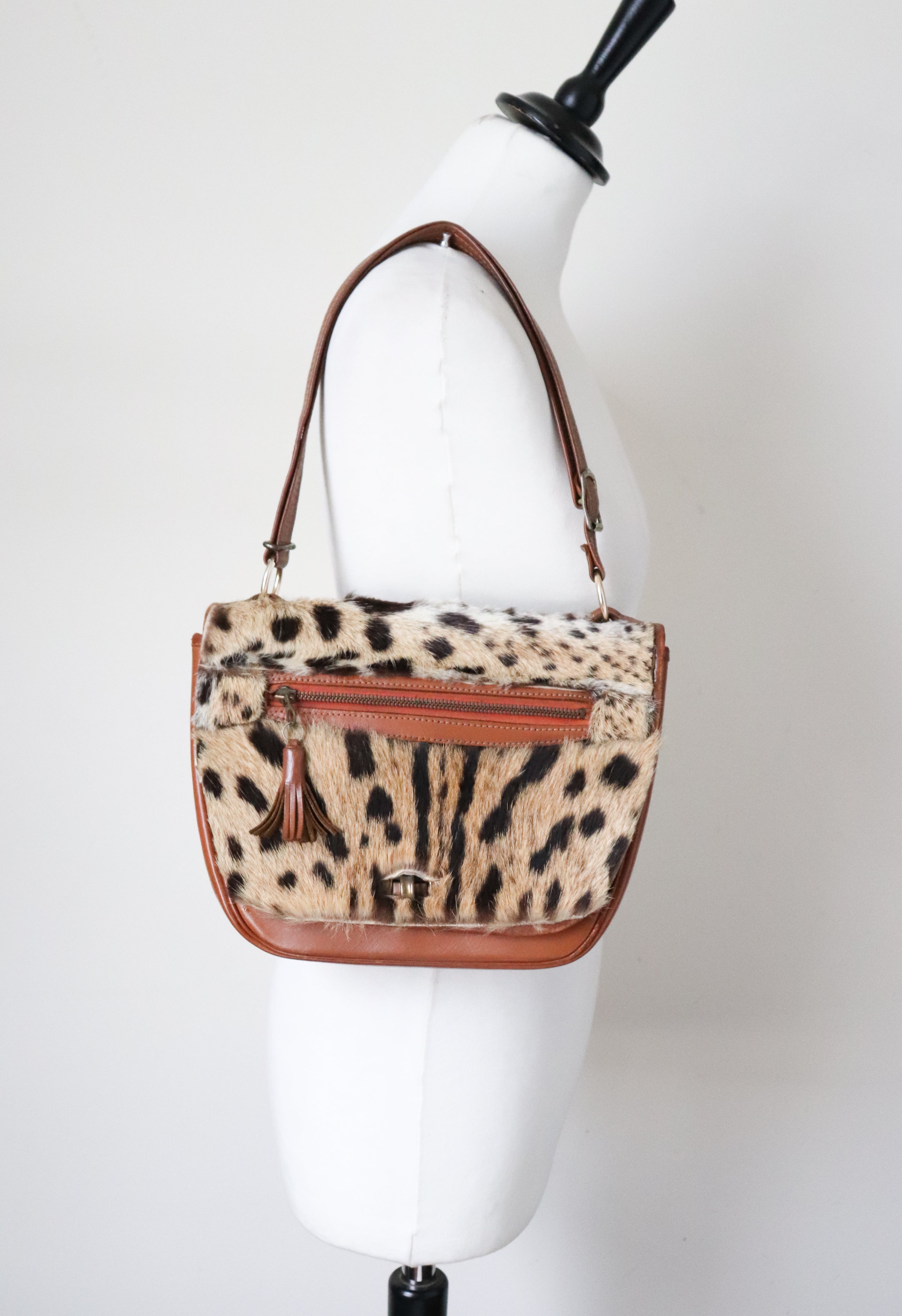 Vintage Leopard Print Shoulder  Bag - Tan Leather / Animal Hair  1980s - Small
