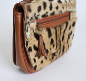 Vintage Leopard Print Shoulder  Bag - Tan Leather / Animal Hair  1980s - Small