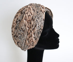 Vintage 1960s Ladies Turban Hat - Beige Snakeskin Print - L / XL