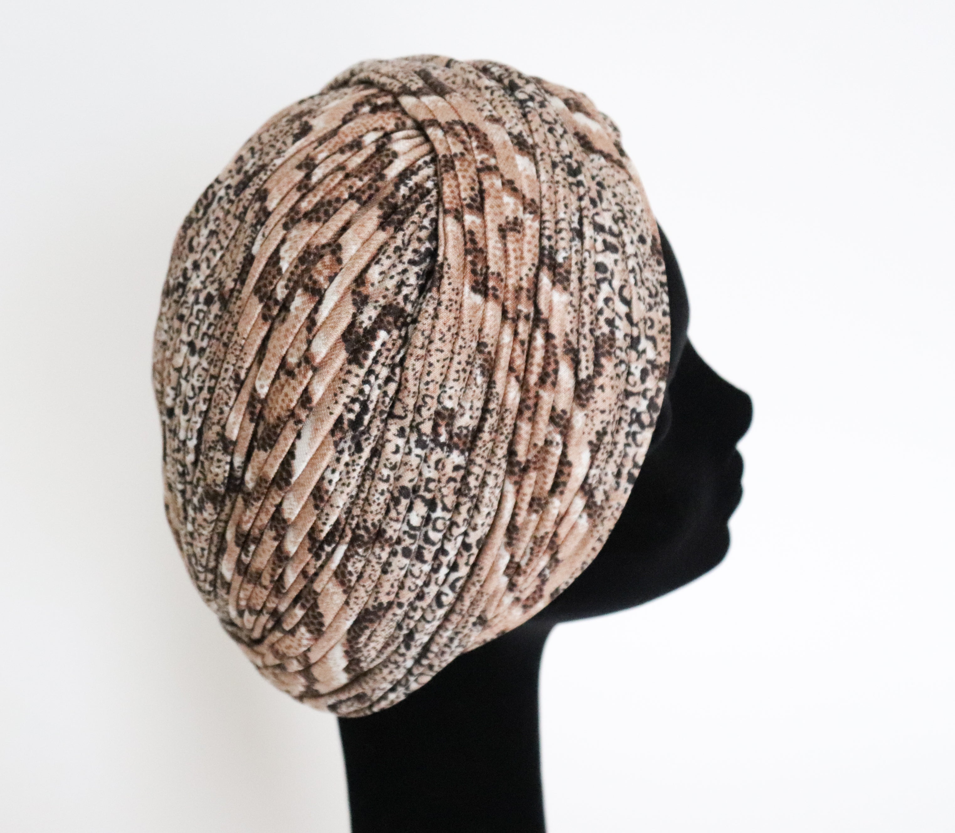 Vintage 1960s Ladies Turban Hat - Beige Snakeskin Print - L / XL