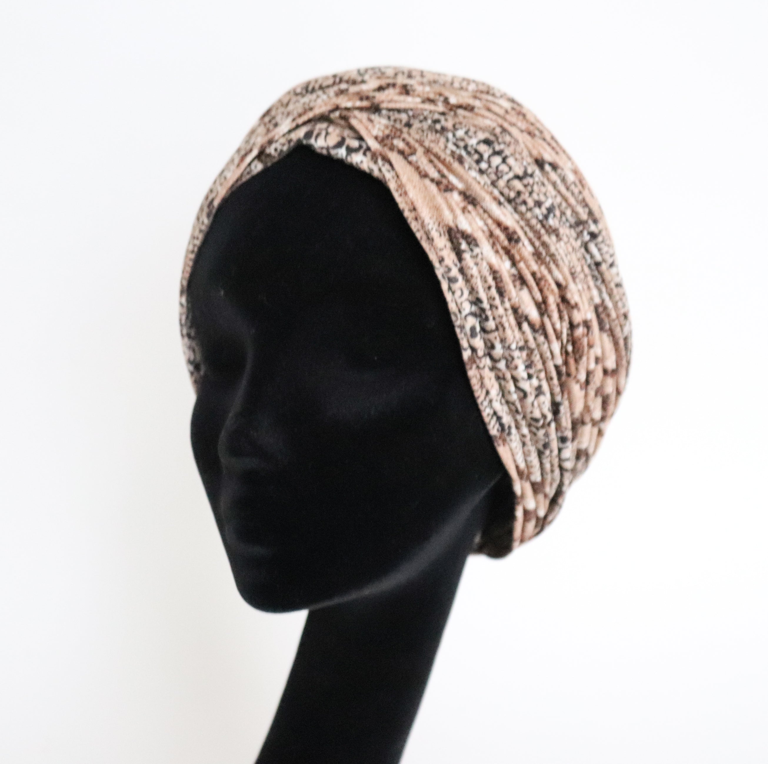 Vintage 1960s Ladies Turban Hat - Beige Snakeskin Print - L / XL