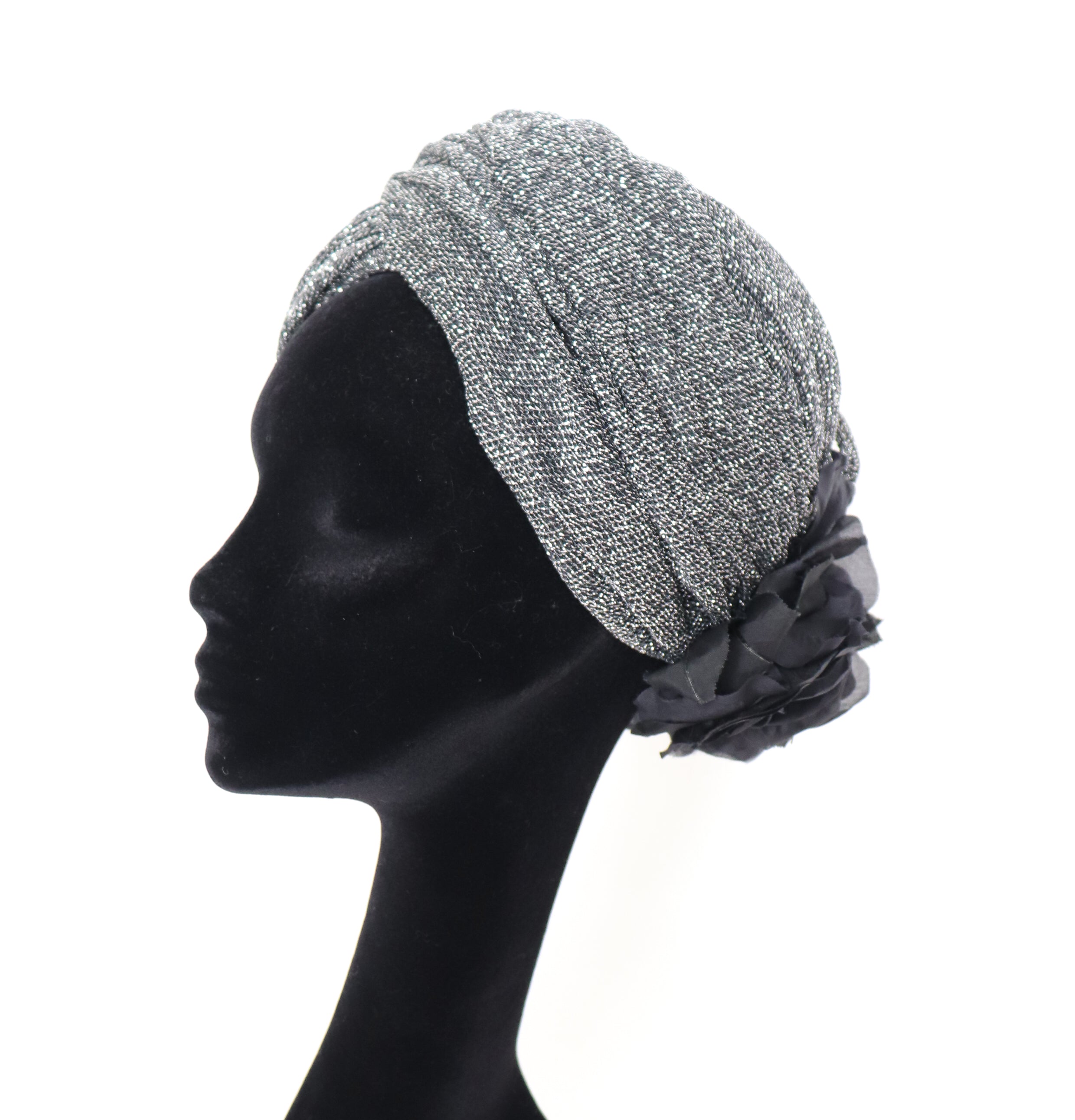 Mitzi Lorenz Vintage 1960s Turban Hat - Black Silver Lurex - L