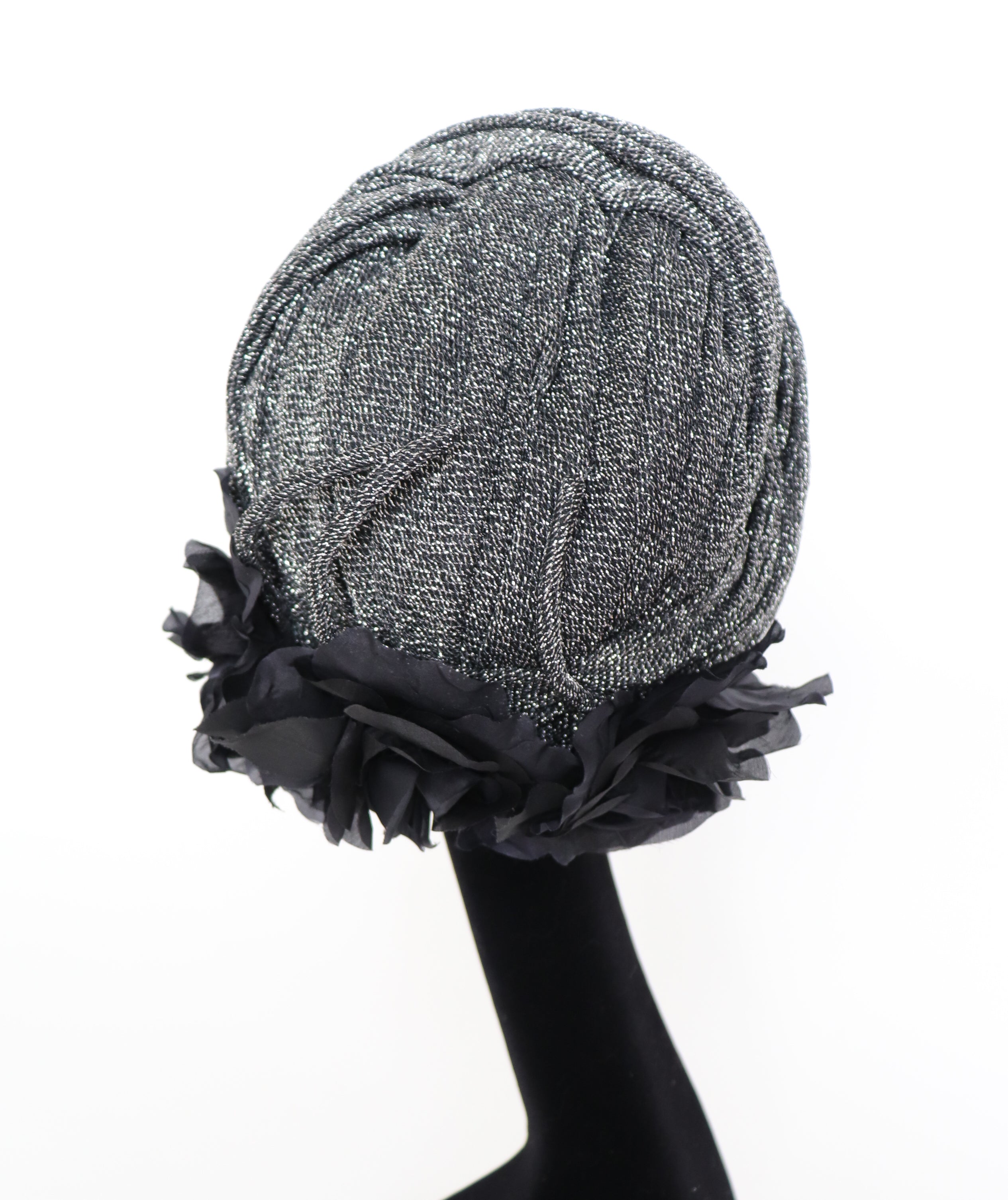 Mitzi Lorenz Vintage 1960s Turban Hat - Black Silver Lurex - L