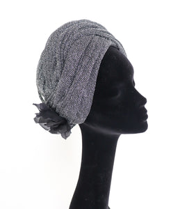 Mitzi Lorenz Vintage 1960s Turban Hat - Black Silver Lurex - L