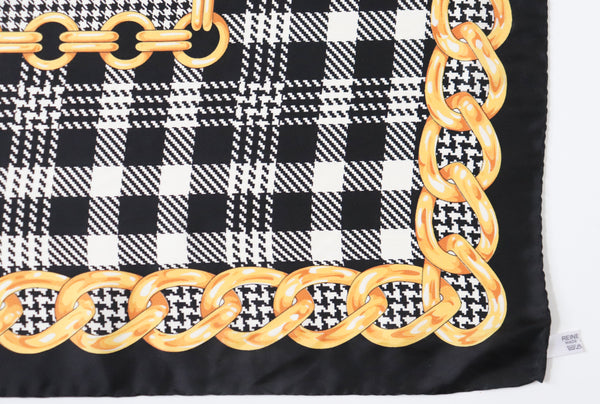 Houndstooth Check / Chain Print Silk Scarf - Black / Ivory White / Gold  -  LARGE