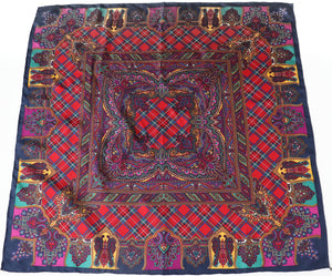 Paisley / Plaid Silk Scarf - Red / Purple / Multicolours  -  LARGE