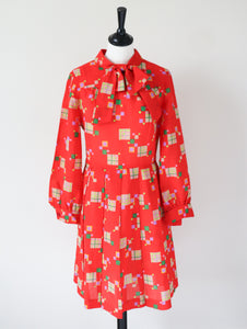 Vintage Shirt Waister Dress - Red Pattern 1970s Long Sleeve - Marisa - S / UK 10