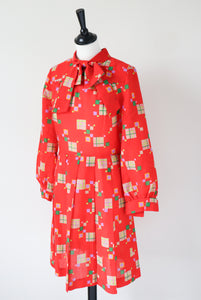 Vintage Shirt Waister Dress - Red Pattern 1970s Long Sleeve - Marisa - S / UK 10