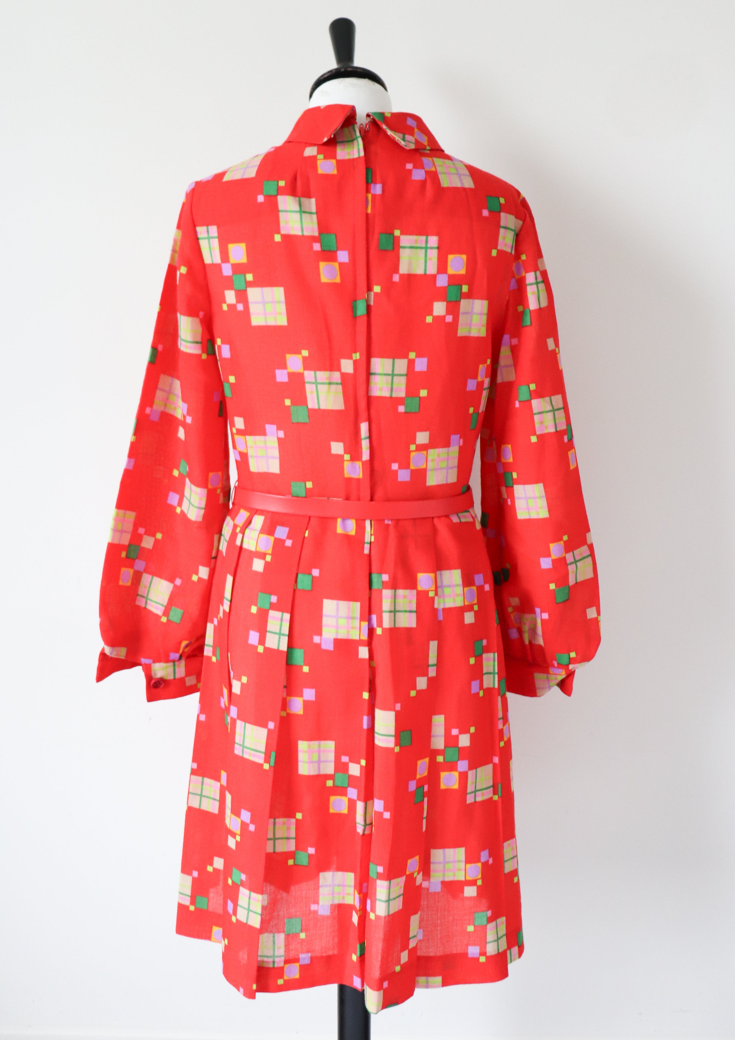 Vintage Shirt Waister Dress - Red Pattern 1970s Long Sleeve - Marisa - S / UK 10