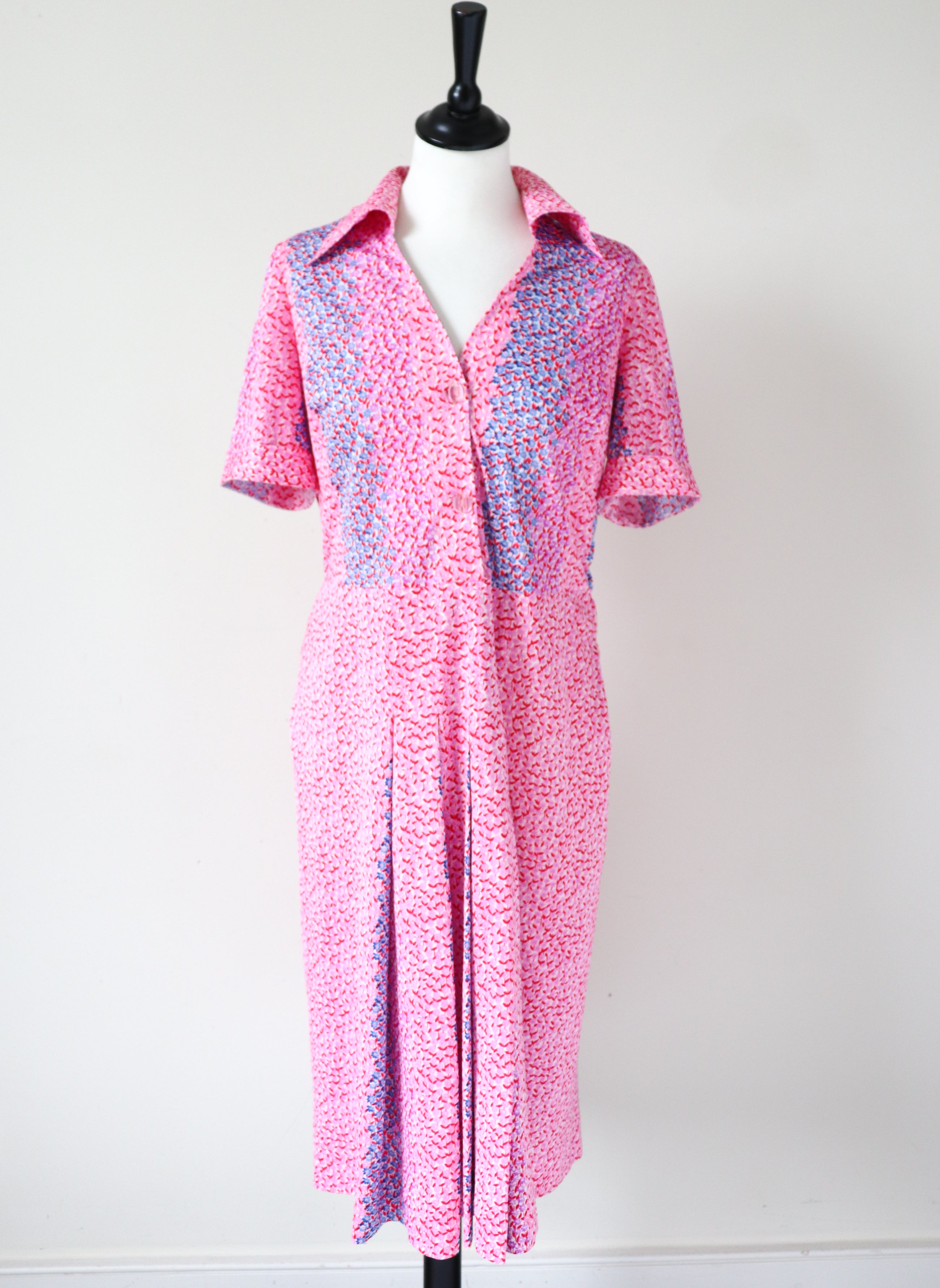 Pink Patterned Polyester Shirt Waister Dress - Vintage 1980s - M / UK 12