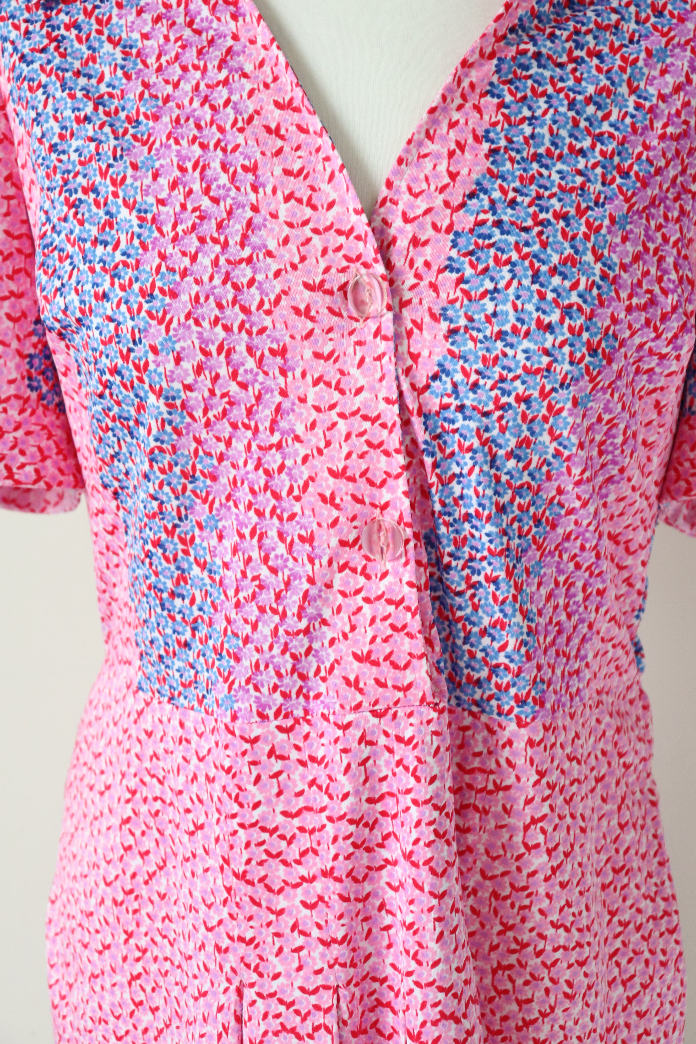 Pink Patterned Polyester Shirt Waister Dress - Vintage 1980s - M / UK 12