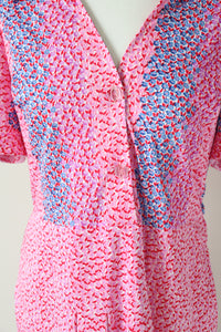 Pink Patterned Polyester Shirt Waister Dress - Vintage 1980s - M / UK 12