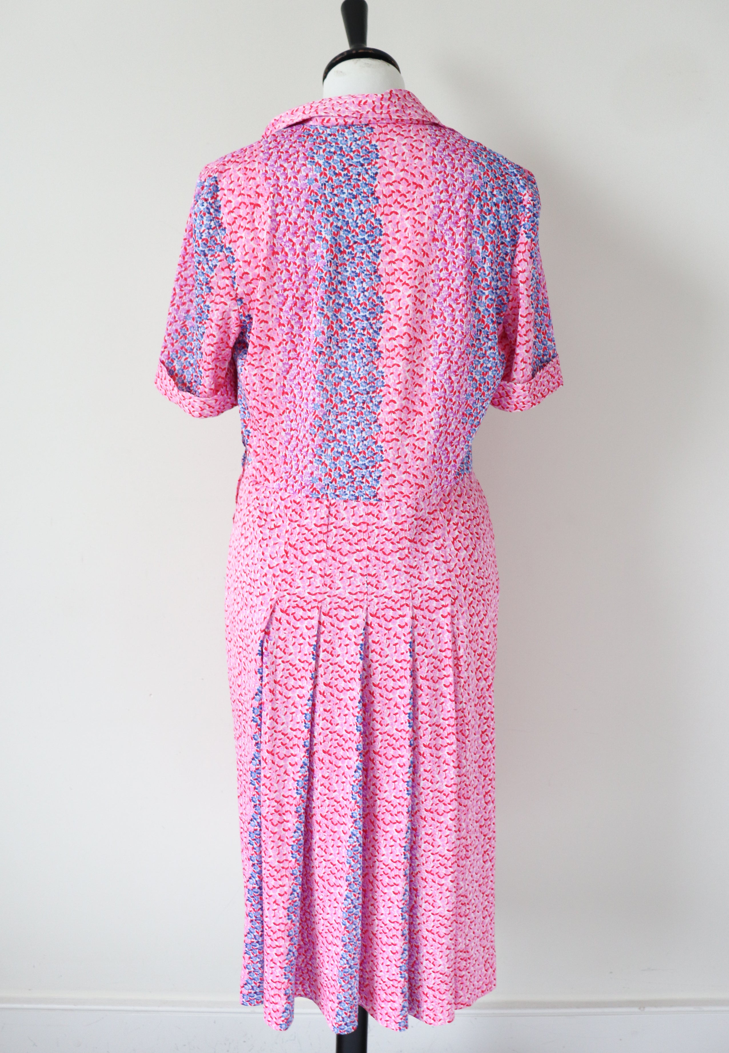 Pink Patterned Polyester Shirt Waister Dress - Vintage 1980s - M / UK 12