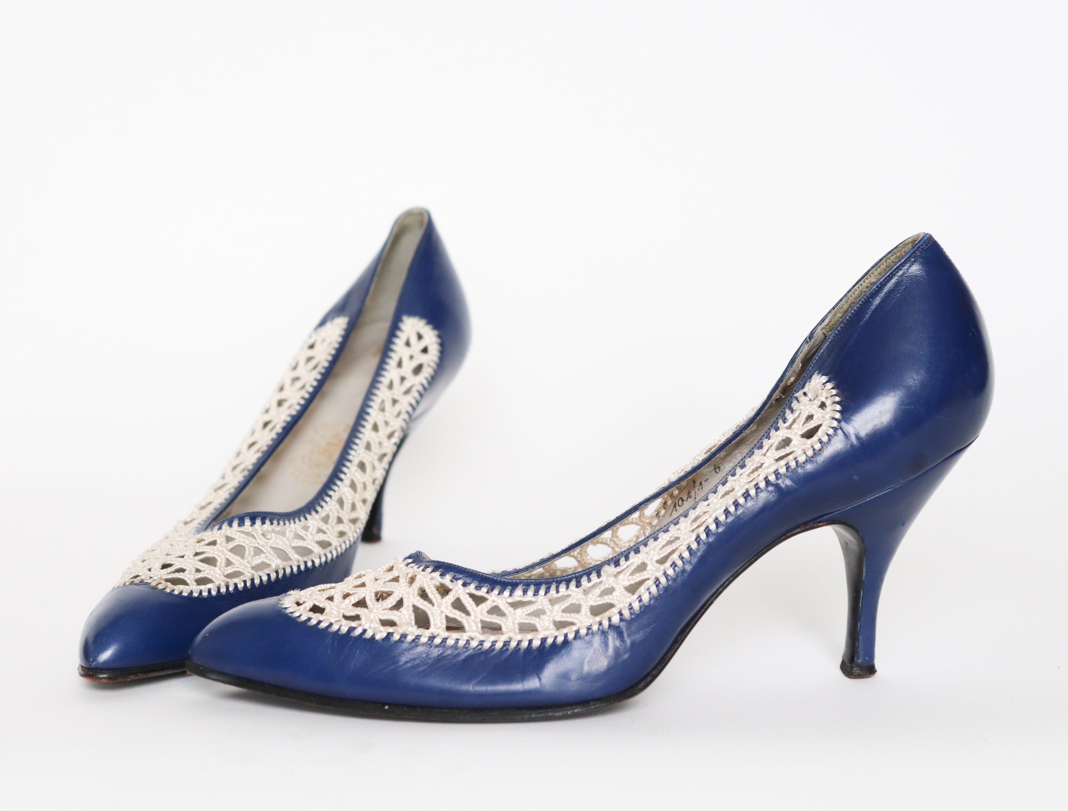 1950s Stiletto Court Shoes Leather / Mesh - Blue / Cream - Fit  38 / UK 5 Narrow