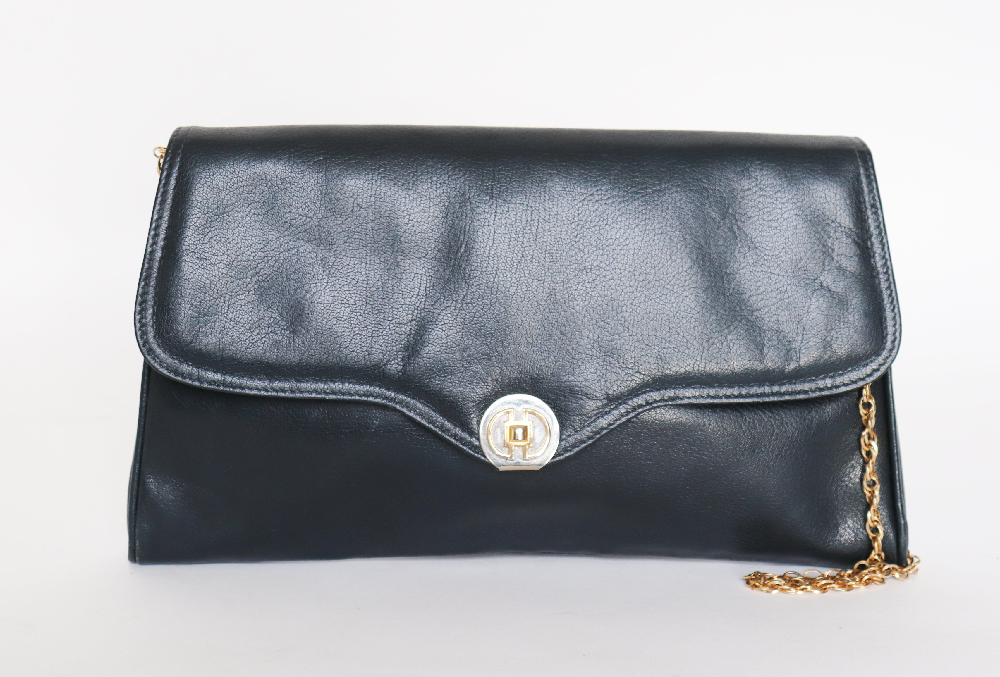 Vintage Clutch Bag / Chain Bag - 1980s - Faux Leather Blue - Small