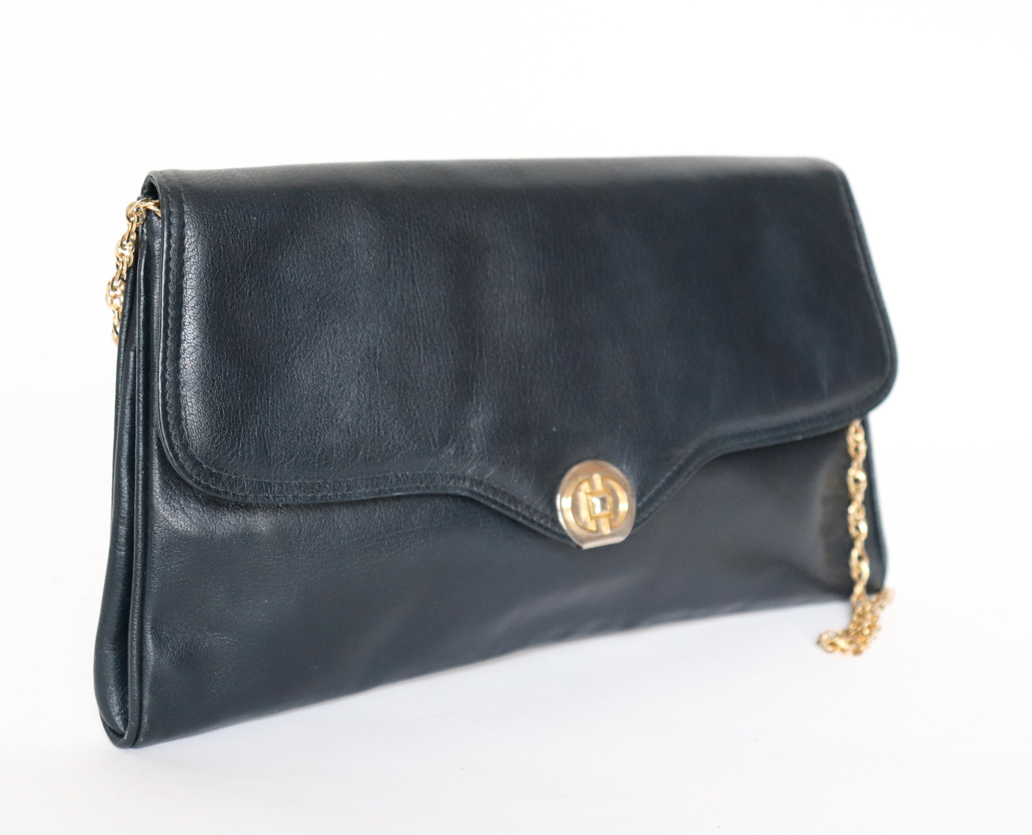 Vintage Clutch Bag / Chain Bag - 1980s - Faux Leather Blue - Small