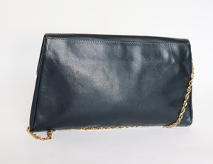 Vintage Clutch Bag / Chain Bag - 1980s - Faux Leather Blue - Small