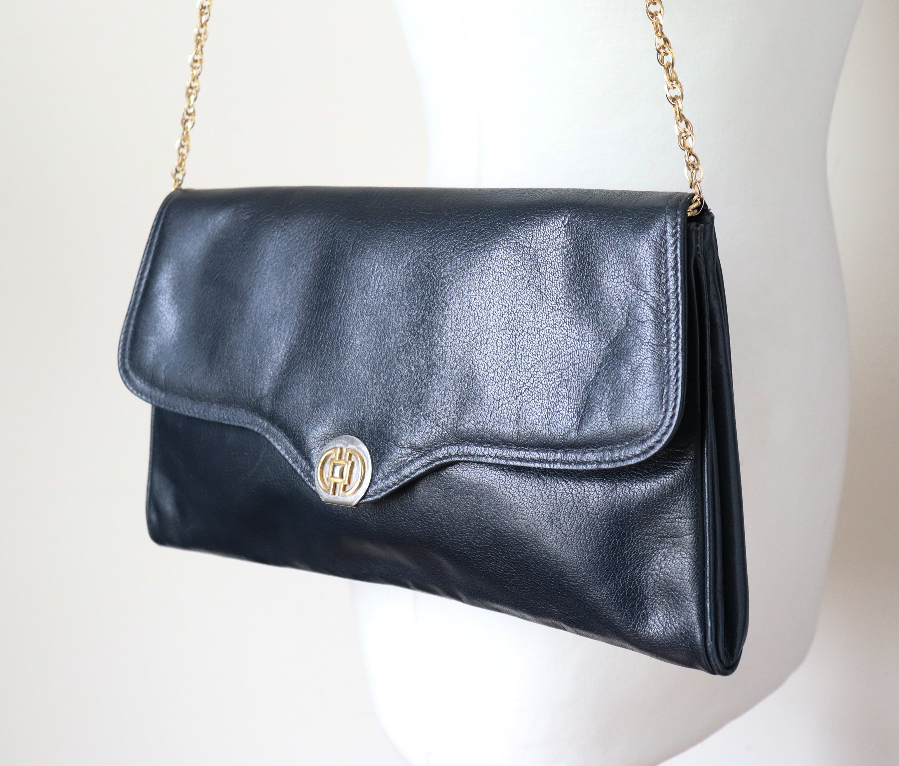 Vintage Clutch Bag / Chain Bag - 1980s - Faux Leather Blue - Small