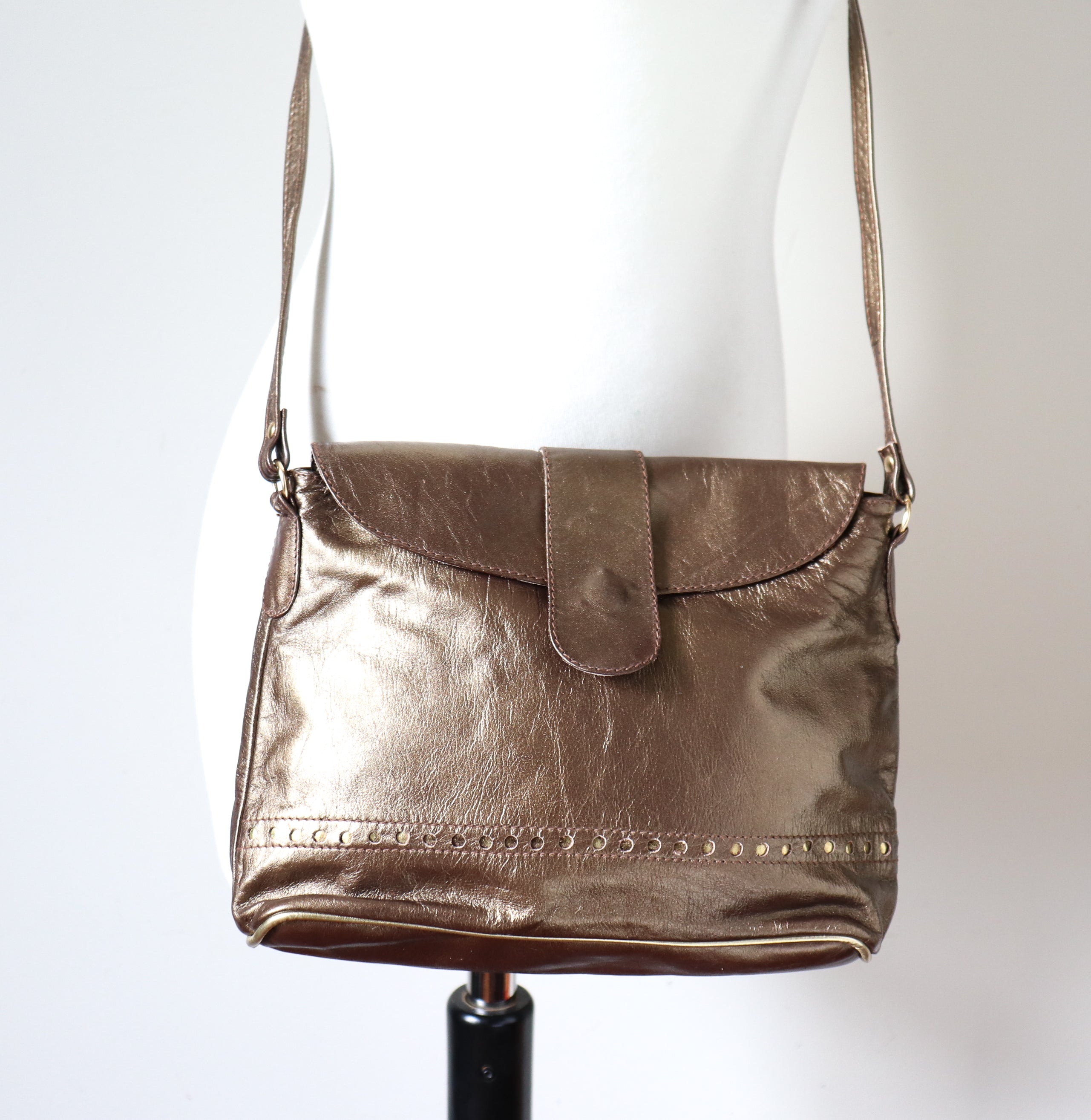Crossbody Vintage Bag - Gold Faux Leather -Disco - Small