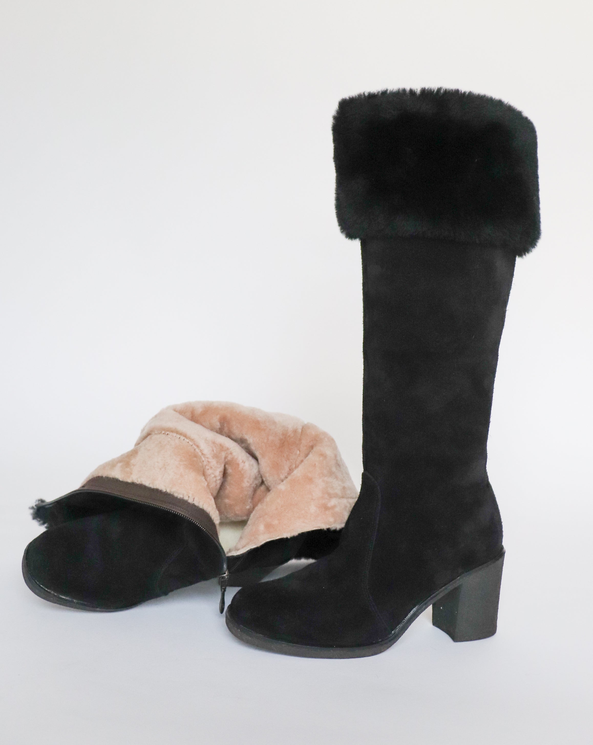 Morlands Black Suede / Sheepskin Long Boots - Rubber Heel - Fit 39 / UK 6