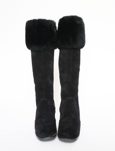 Morlands Black Suede / Sheepskin Long Boots - Rubber Heel - Fit 39 / UK 6