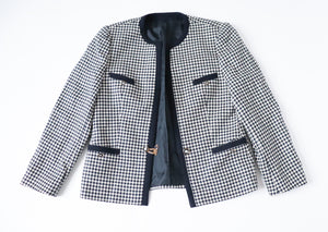 Collarless Vintage Jacket - Blue Houndstooth Check - Wool / Silk - M / UK 12