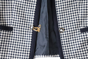 Collarless Vintage Jacket - Blue Houndstooth Check - Wool / Silk - M / UK 12