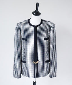 Collarless Vintage Jacket - Blue Houndstooth Check - Wool / Silk - M / UK 12