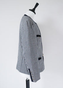 Collarless Vintage Jacket - Blue Houndstooth Check - Wool / Silk - M / UK 12