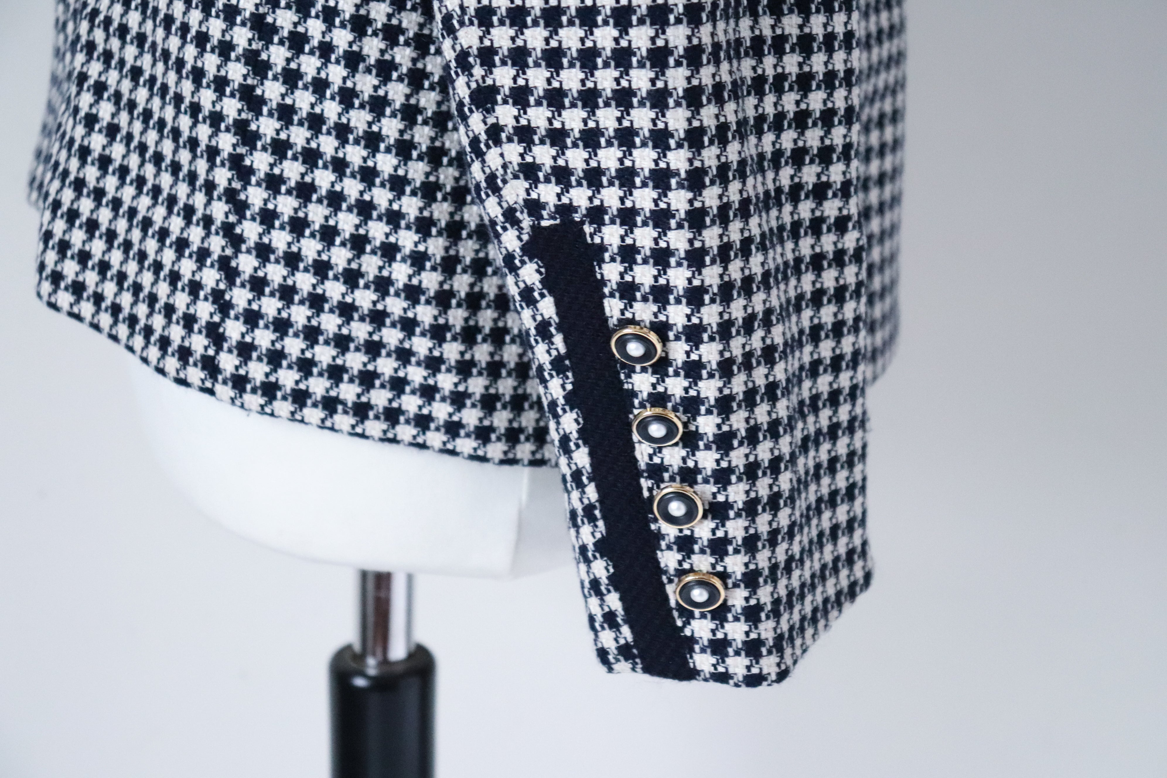 Collarless Vintage Jacket - Blue Houndstooth Check - Wool / Silk - M / UK 12