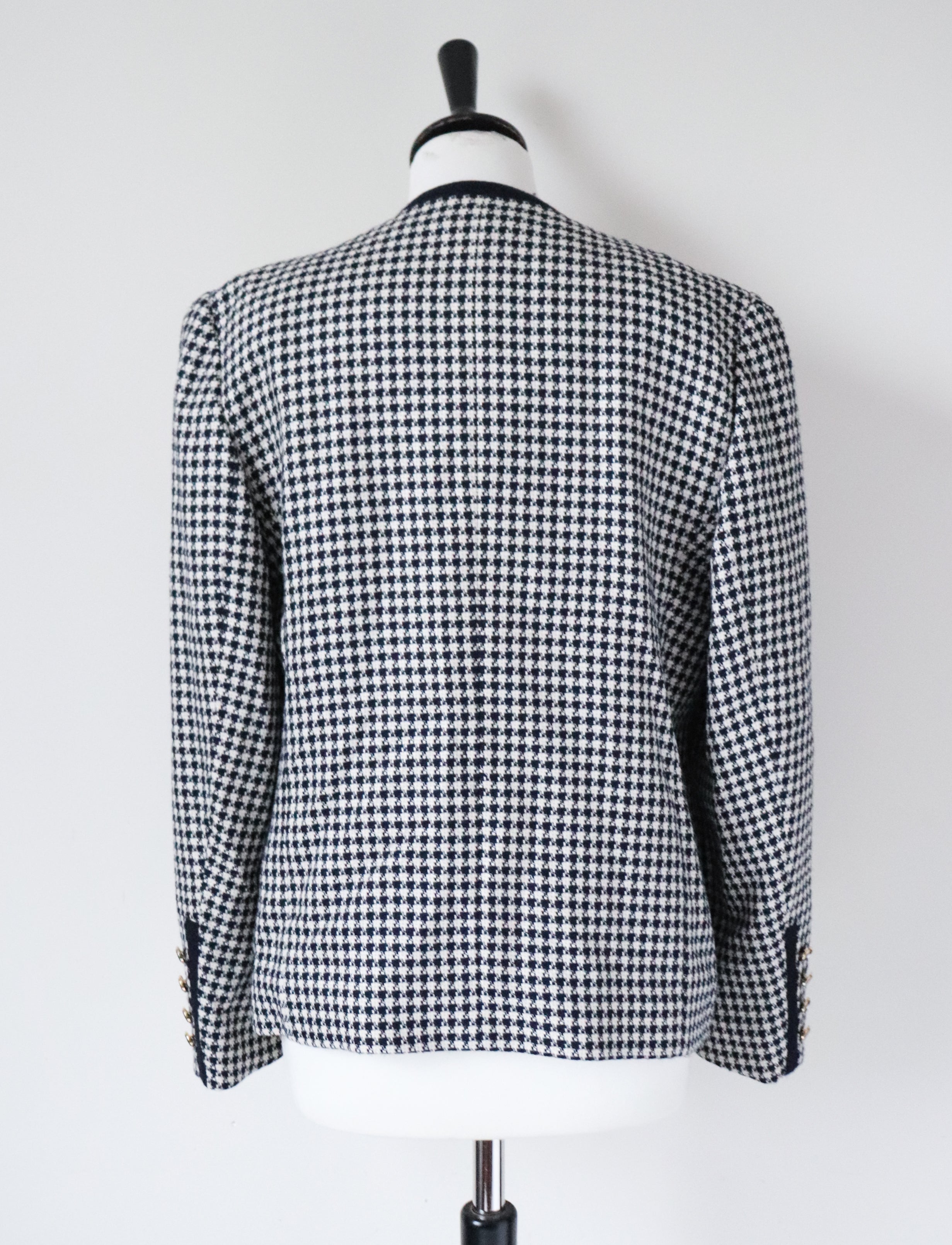 Collarless Vintage Jacket - Blue Houndstooth Check - Wool / Silk - M / UK 12