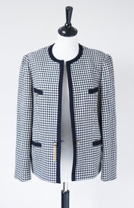 Collarless Vintage Jacket - Blue Houndstooth Check - Wool / Silk - M / UK 12