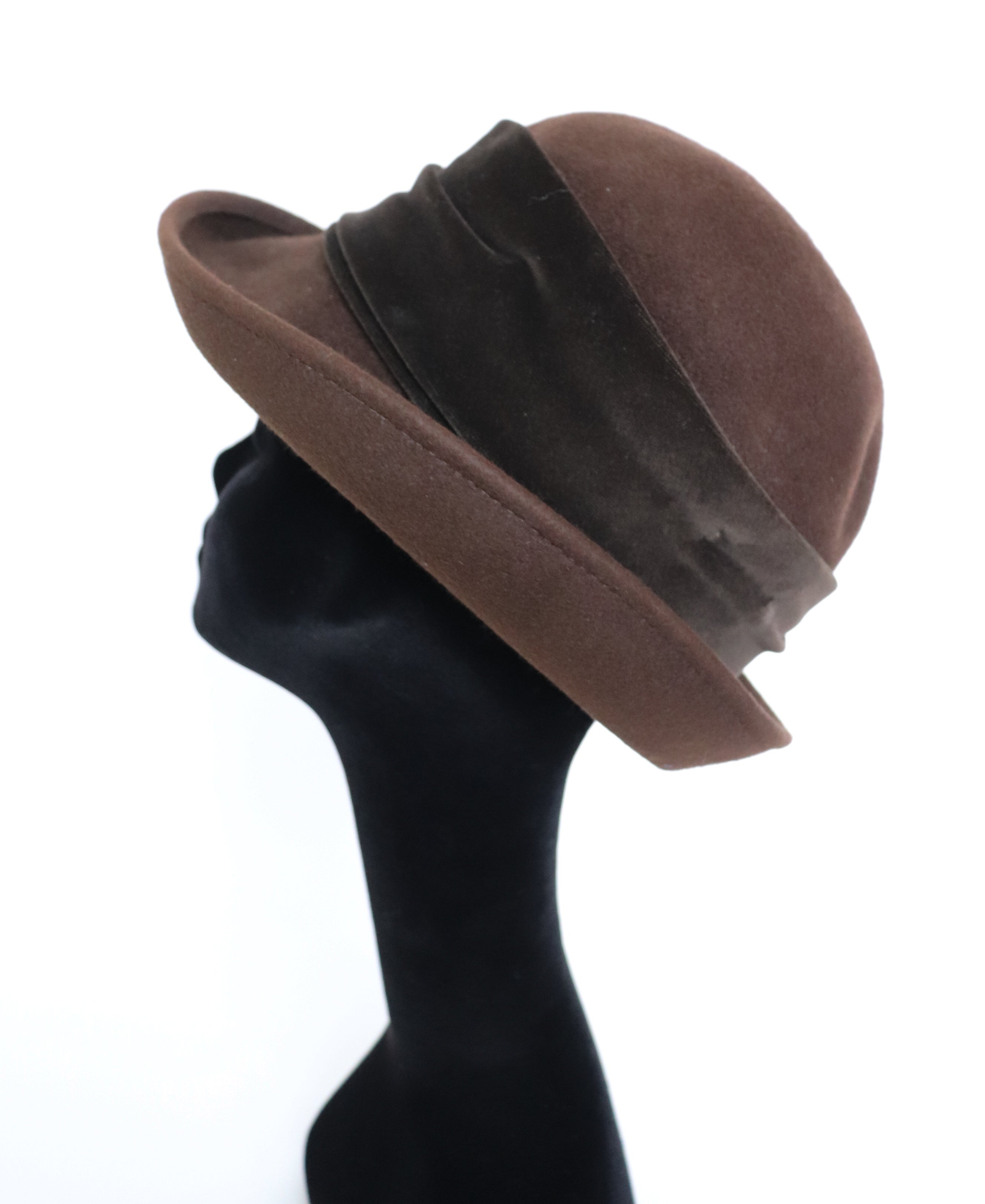 Vintage Ladies Brim Hat - Brown Wool Felt / Velvet - Ein Mayser 1883 - L / XL