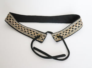 Embroidered Sash Tie 1970s Vintage Belt - Black / Gold - Obi - M / L