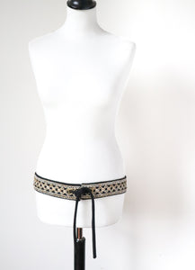 Embroidered Sash Tie 1970s Vintage Belt - Black / Gold - Obi - M / L