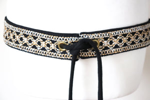Embroidered Sash Tie 1970s Vintage Belt - Black / Gold - Obi - M / L