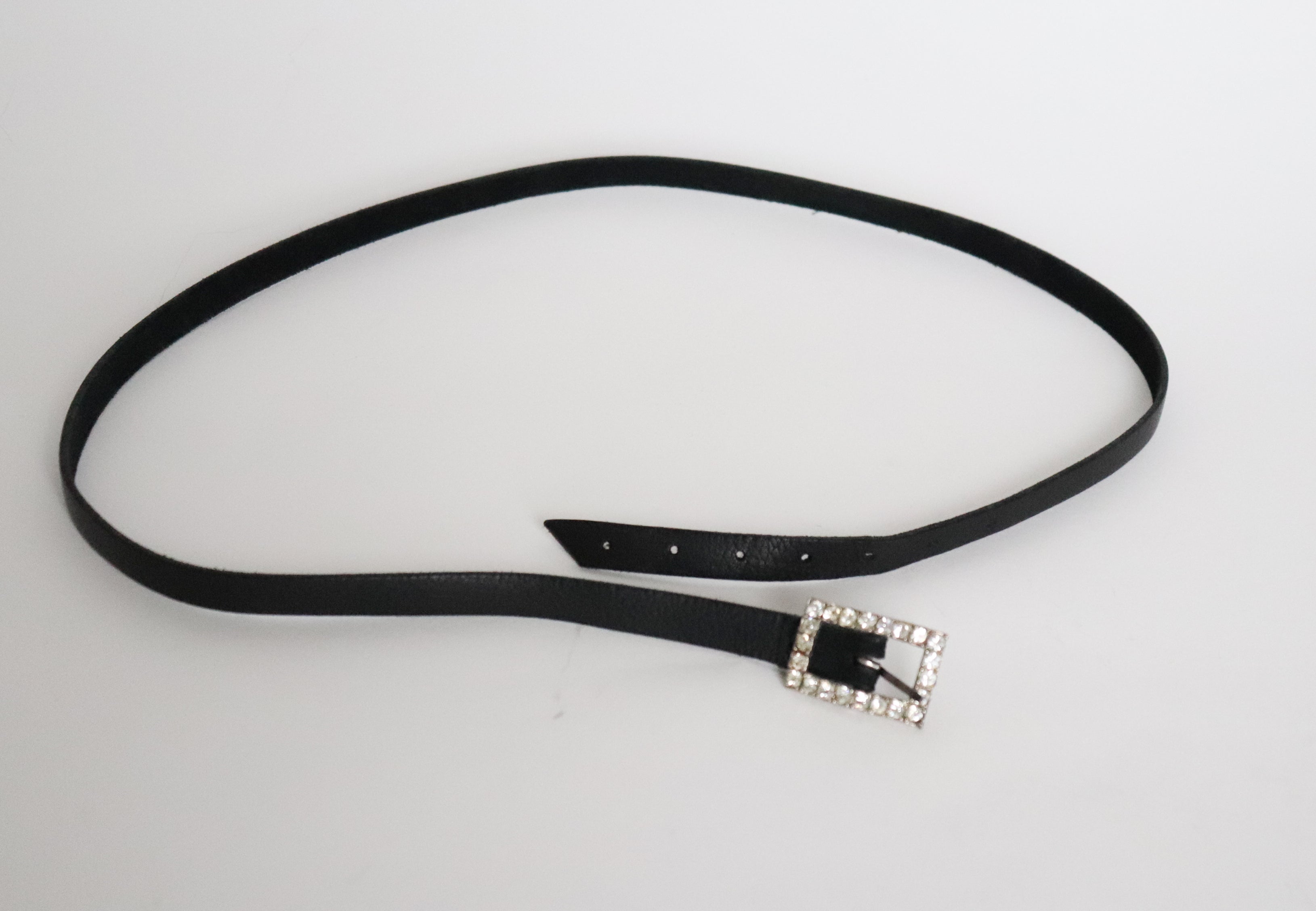 Skinny Black Leather Rhinestone Buckle Belt -  Vintage -  M / L